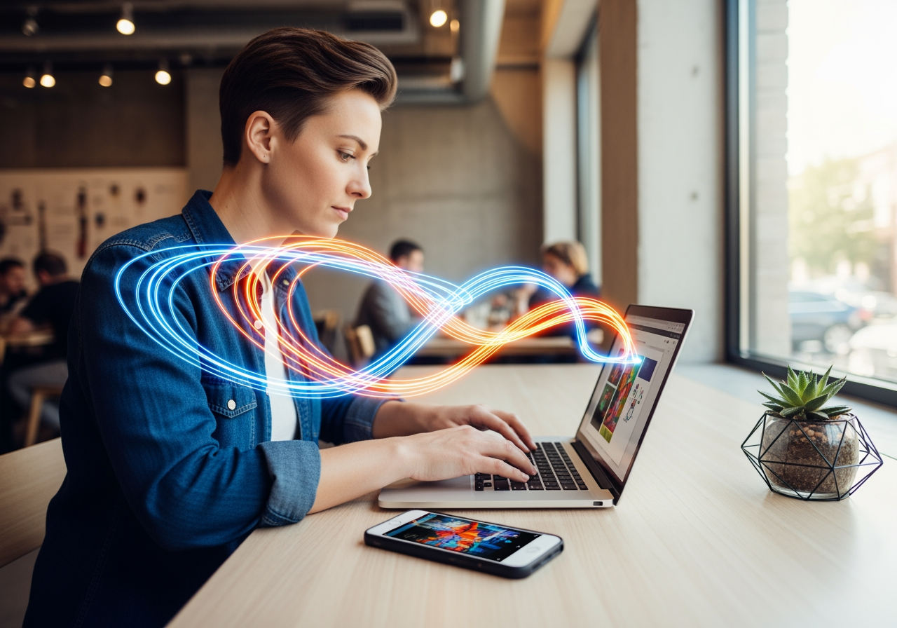 A person working on a laptop and phone in a modern cafe, illustrating the convenience and speed of the AI service on multiple devices.
