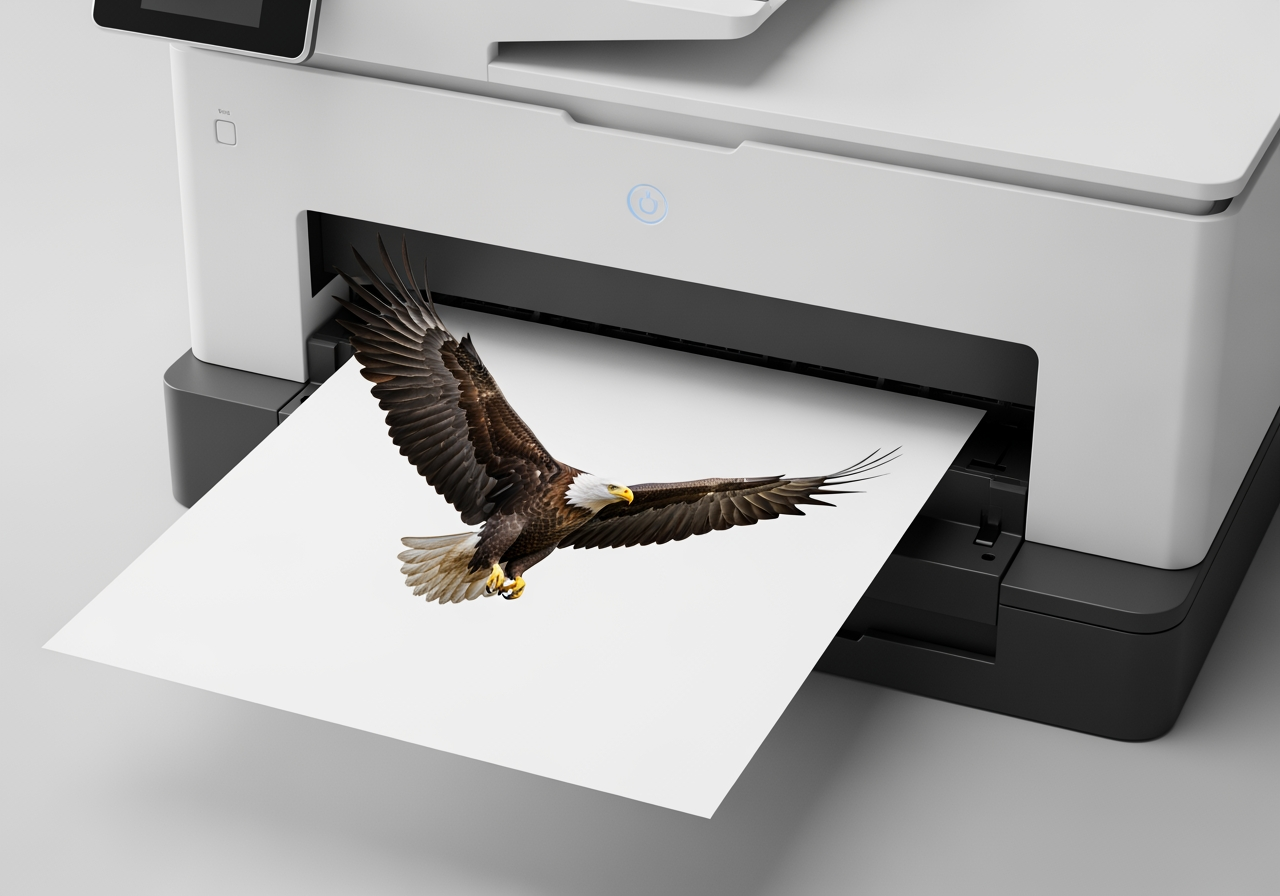 A high-quality, watermark-free photo of an eagle being printed, representing professional, ready-to-use AI images.