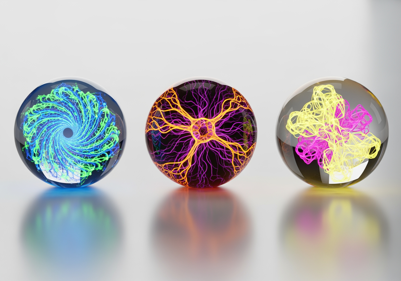 Three glowing crystal orbs representing different AI models on a clean white surface.