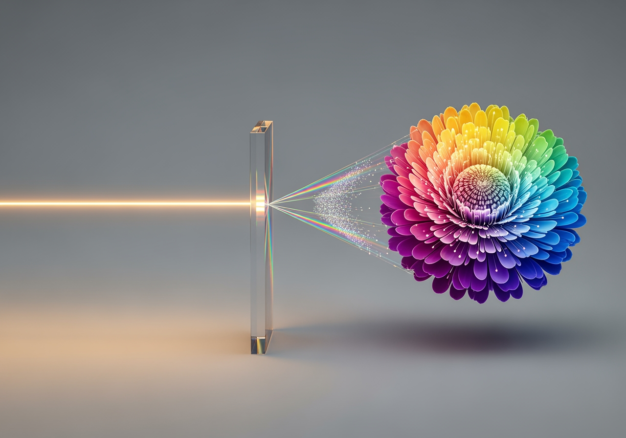 Abstract image of light transforming into a digital flower, symbolizing a simple creative process.