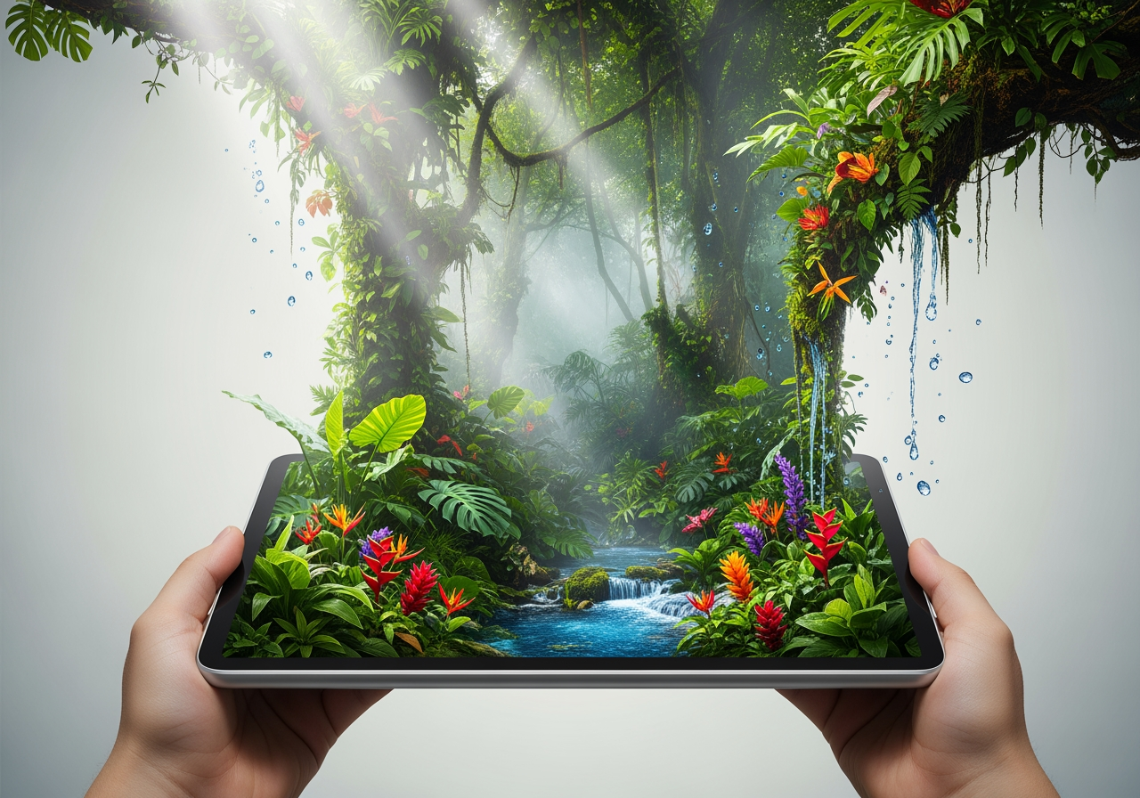 A high-resolution, watermark-free photo of a jungle emerging from a minimalist tablet screen.