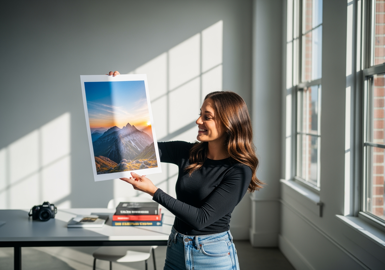 A person holding a high-quality, watermark-free photo, representing free and unrestricted use of AI-generated images.