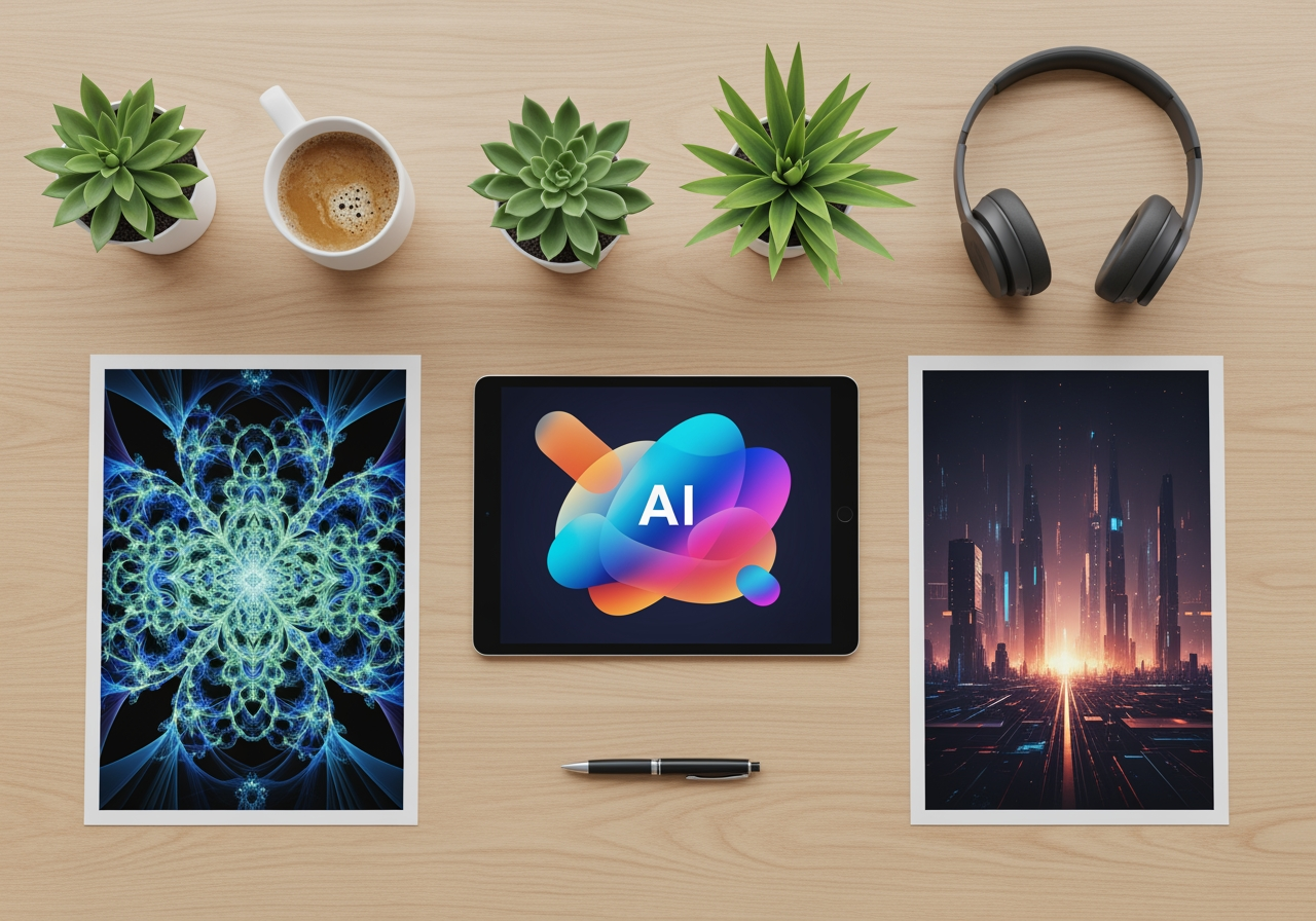 A creative professional's desk with various marketing and social media materials created using AI-generated images.