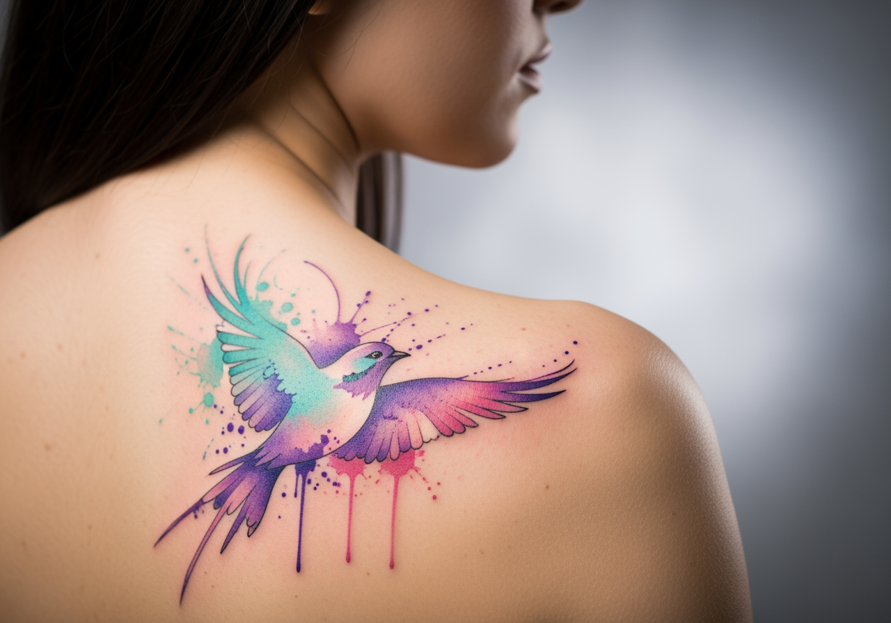 부드러운 조명 아래 사람의 어깨에 새겨진 예술적인 수채화 스타일 타투.