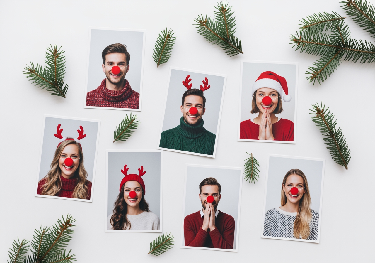테이블 위에 놓인 빨간 루돌프 코를 한 사람들의 고화질 인화 사진들.