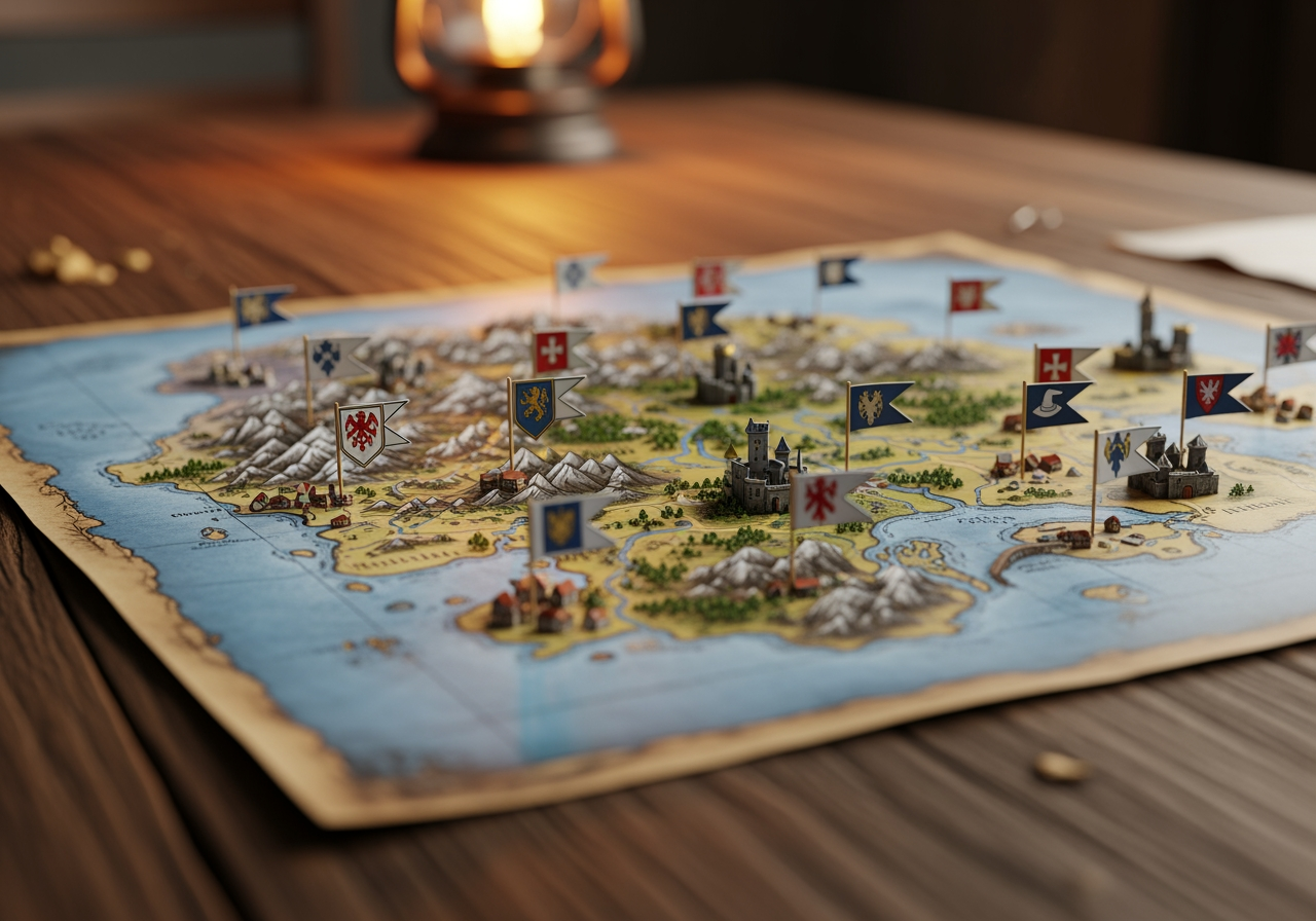 Miniature fantasy map with small flag markers on a wooden table