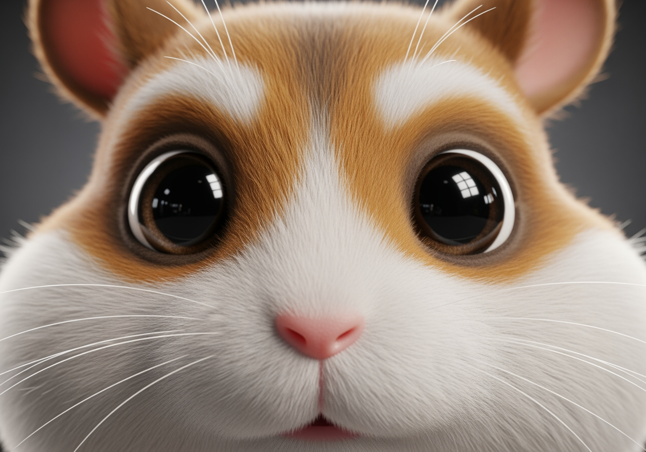 3D 햄스터의 털 질감과 눈을 보여주는 초근접 매크로 샷