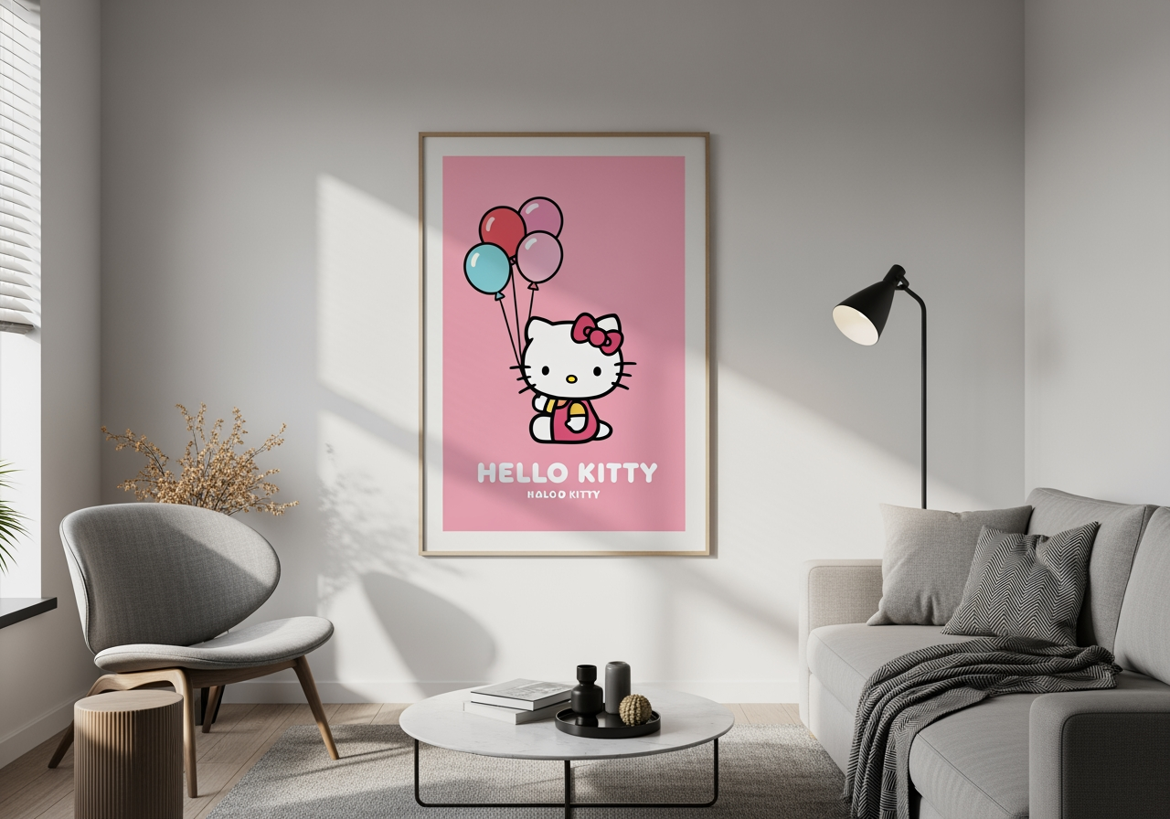 展示在现代室内装饰中的相框高分辨率 Hello Kitty 海报