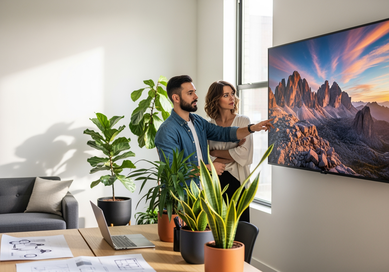 고화질의 선명한 이미지를 보며 현대적인 사무실에서 협업하는 두 명의 크리에이티브 전문가