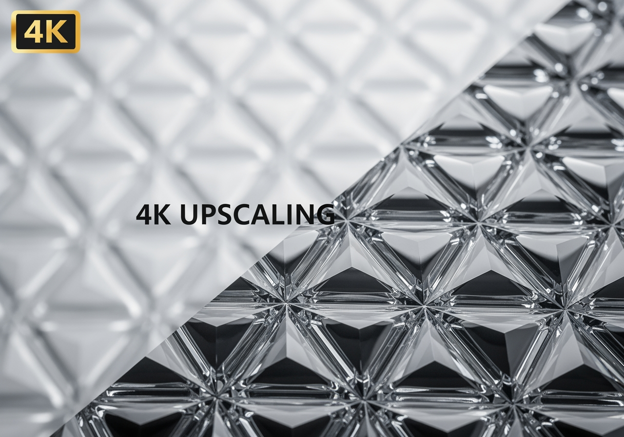 흐릿함에서 선명한 크리스털 디테일로 변하는 텍스처, 4K 업스케일링 품질 표현