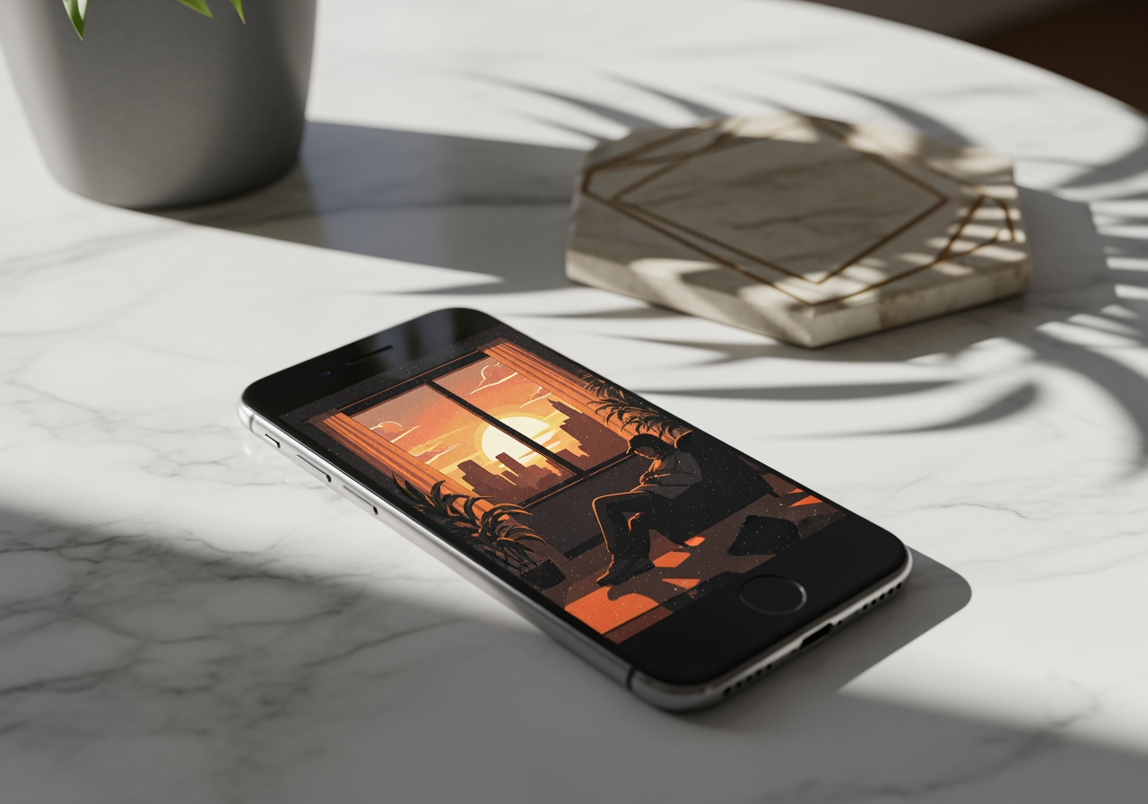 애니메이션 비디오 장면을 보여주는 대리석 테이블 위의 스마트폰