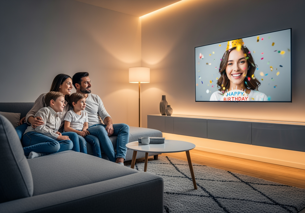 대형 TV 화면으로 고해상도 생일 영상을 시청하는 가족