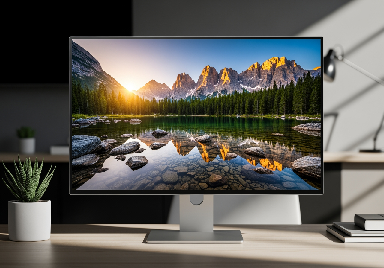 수정처럼 맑은 4K 해상도의 풍경 비디오 프레임을 보여주는 전문 모니터