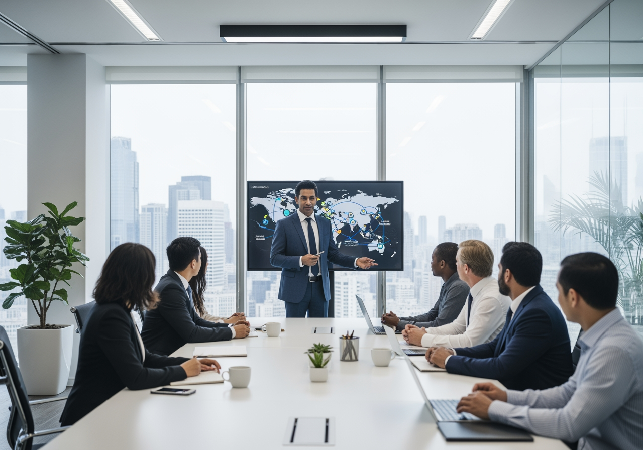 글로벌 기업 회의실에서 프레젠테이션하는 인도 비즈니스 임원