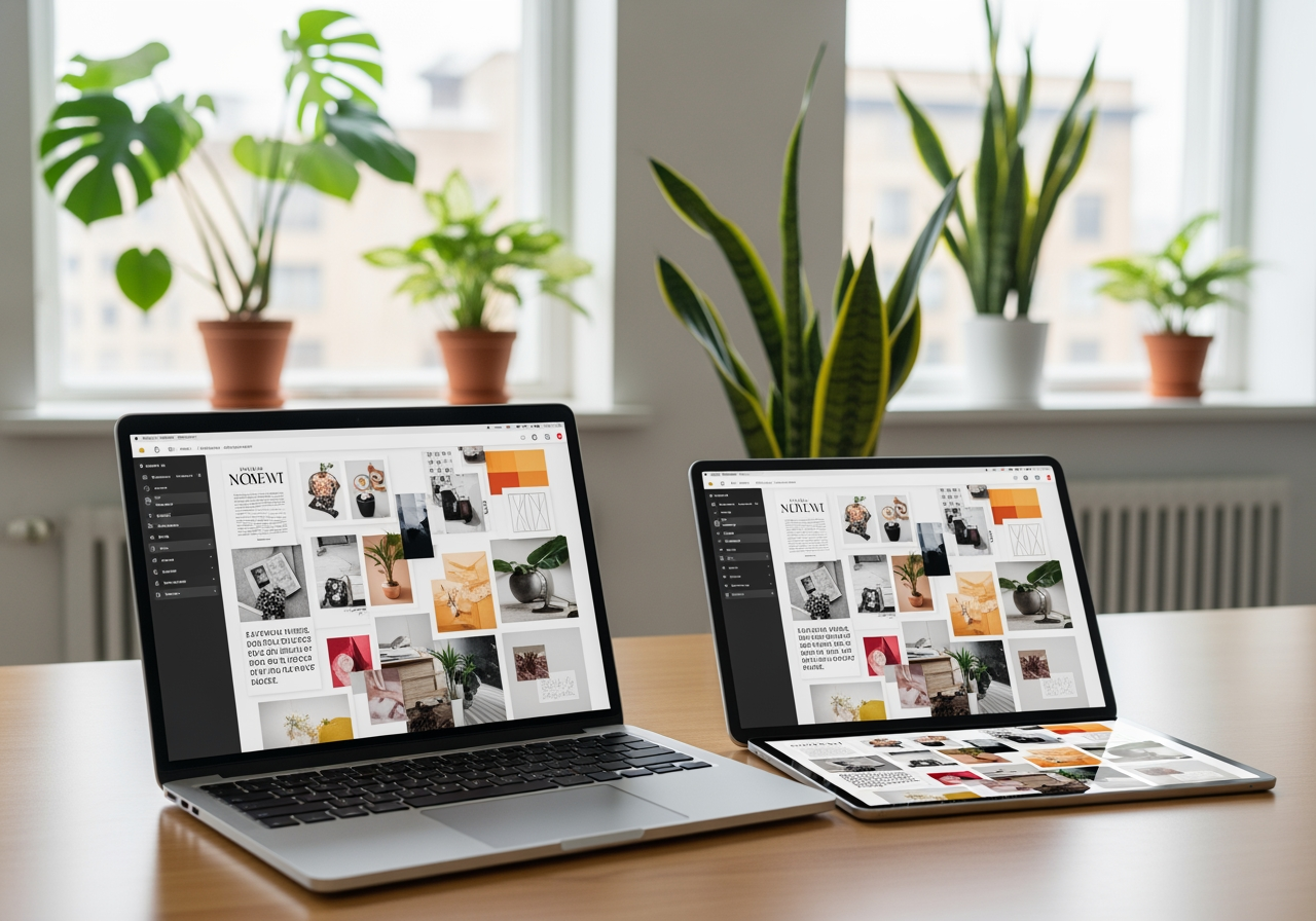 현대적인 작업 공간에서 디지털 콜라주 자료를 보여주는 노트북과 태블릿