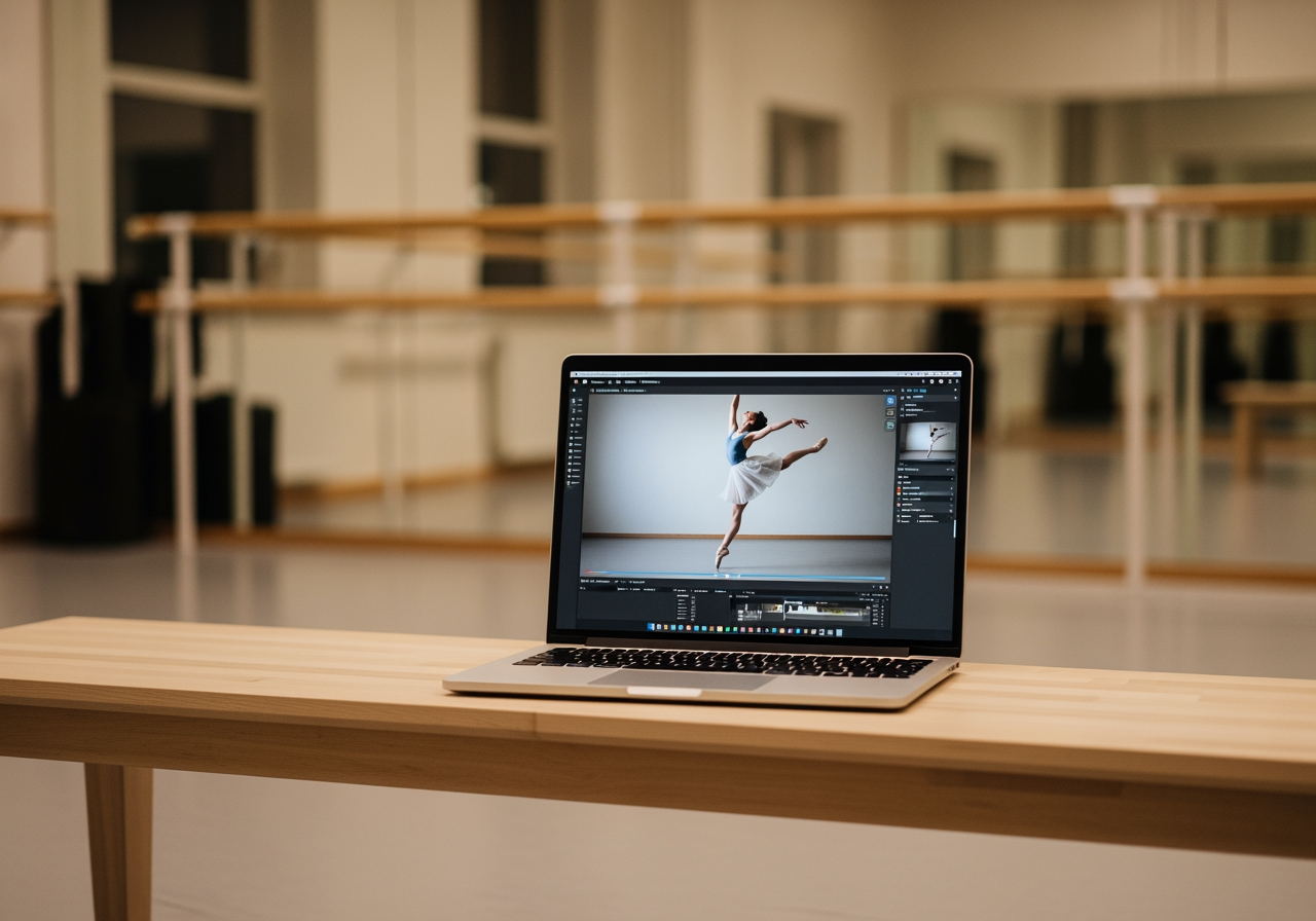 현대적인 스튜디오의 기기에서 댄스 영상을 검토하는 모습