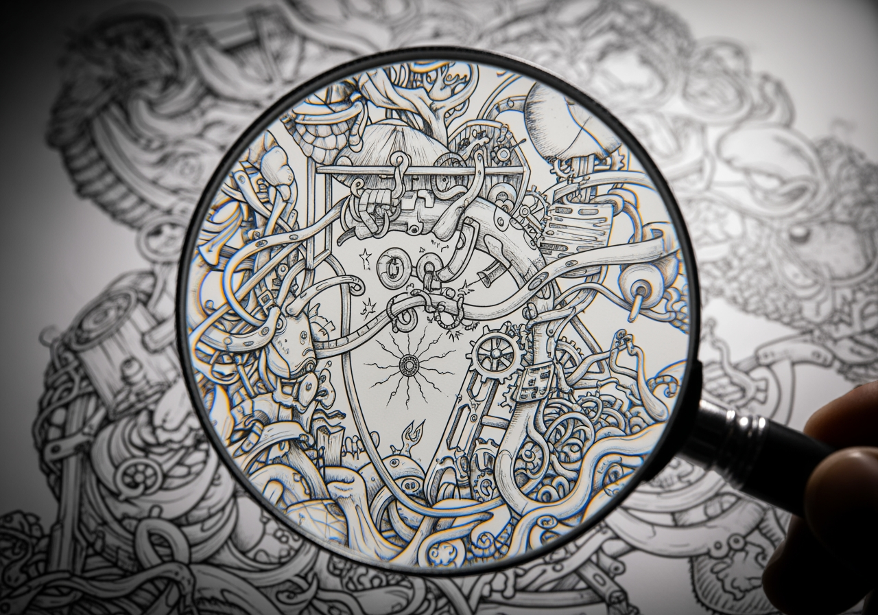 잉크 드로잉의 선명한 세부 묘사를 보여주는 돋보기의 매크로 샷