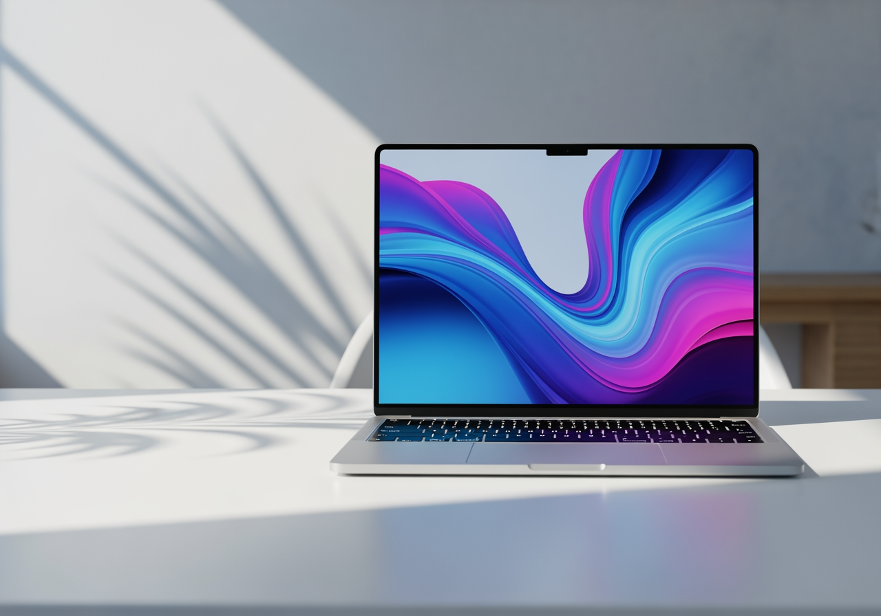 추상적인 고화질 비디오 콘텐츠를 화면에 띄운 미니멀한 책상 위의 세련된 노트북.