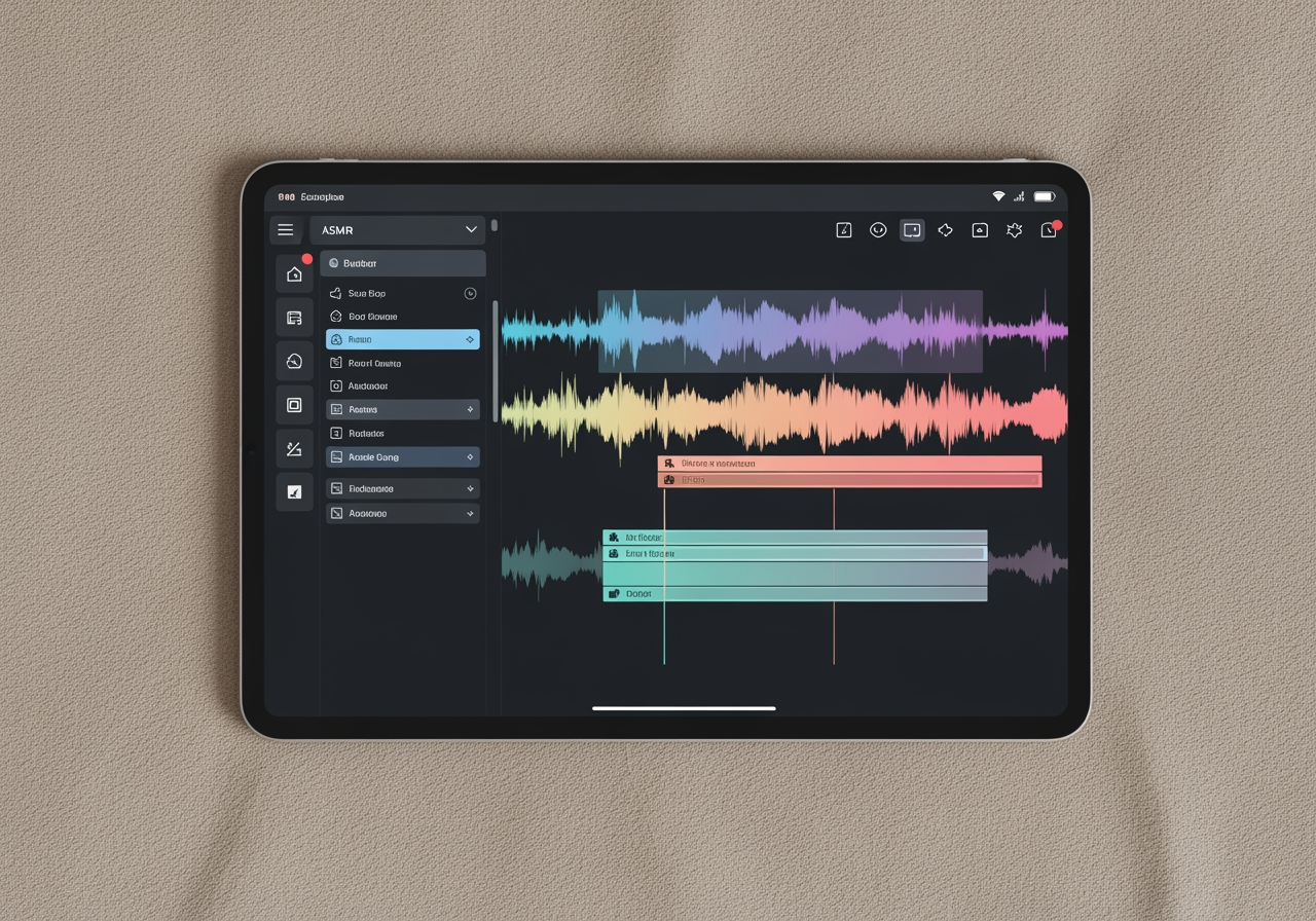 부드러운 천 위에 놓인 디지털 오디오 파형을 보여주는 태블릿