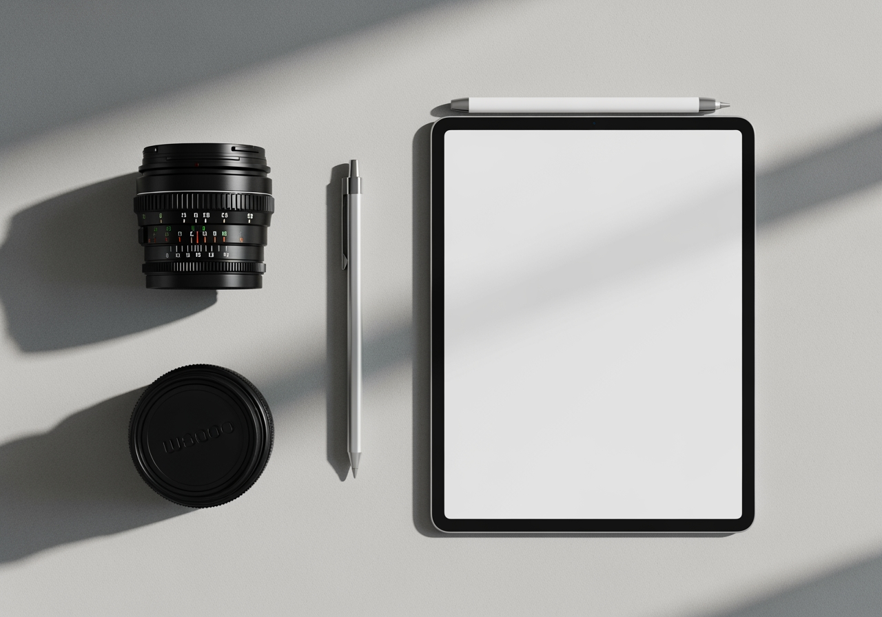 카메라 렌즈와 디지털 도구가 정돈된 창작 작업 공간의 평면 뷰