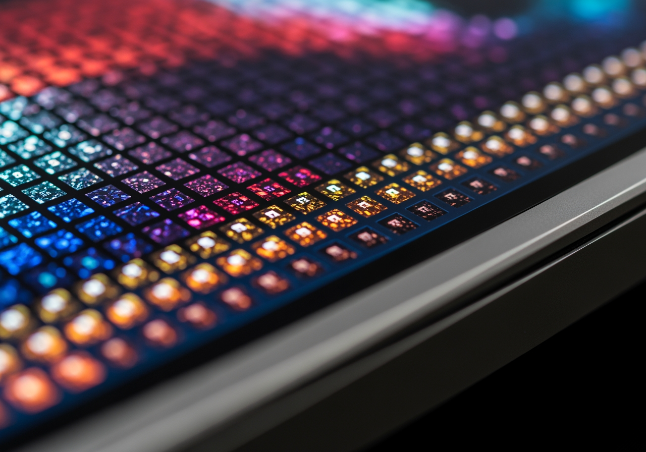 4K 품질과 선명함을 상징하는 고해상도 디스플레이 화면의 클로즈업