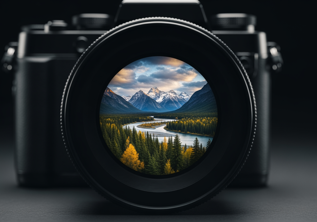 4K 품질을 상징하는 선명한 고화질 이미지를 반사하는 카메라 렌즈