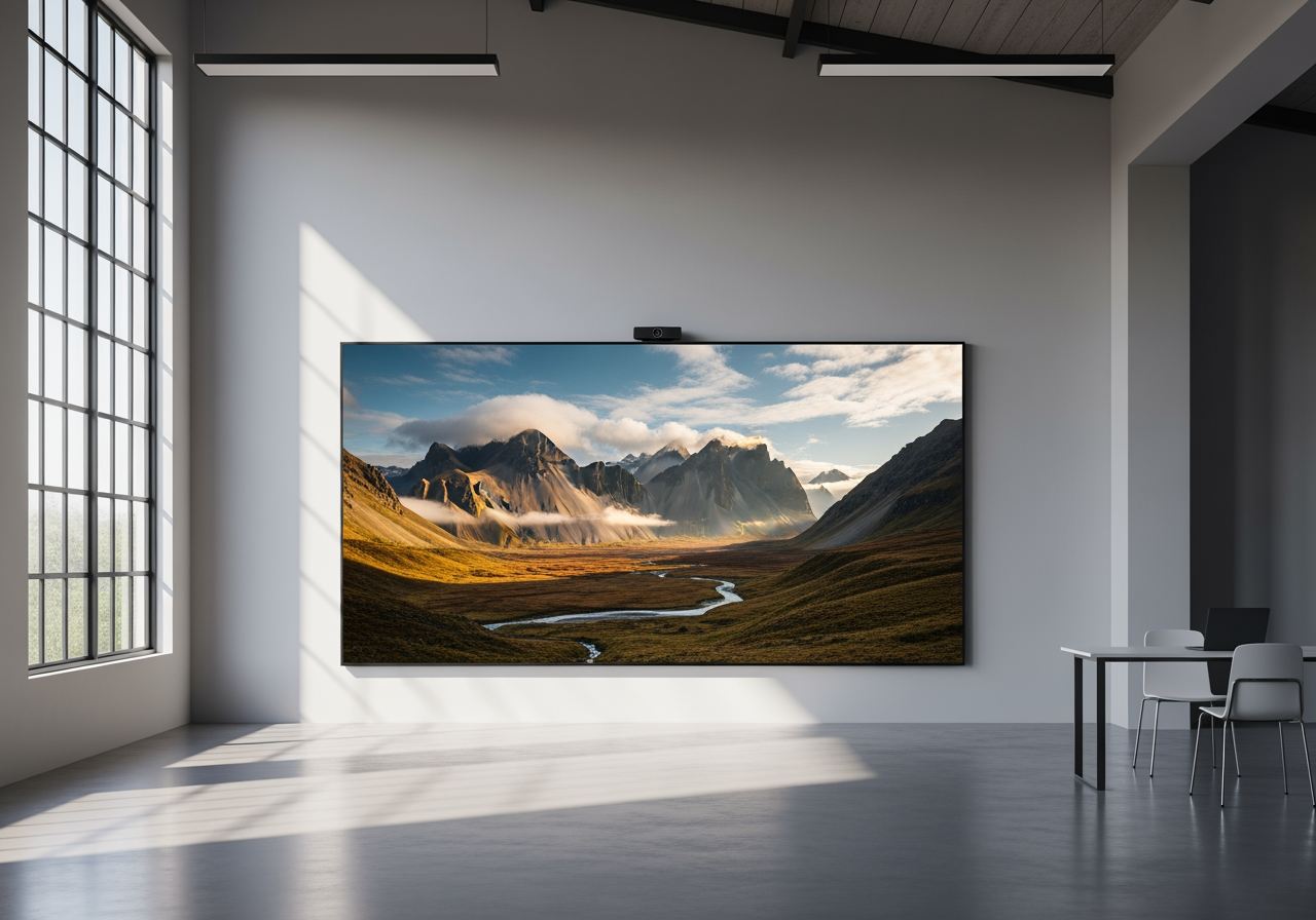 고품질 시네마틱 풍경 사진을 전시하는 현대적인 스튜디오