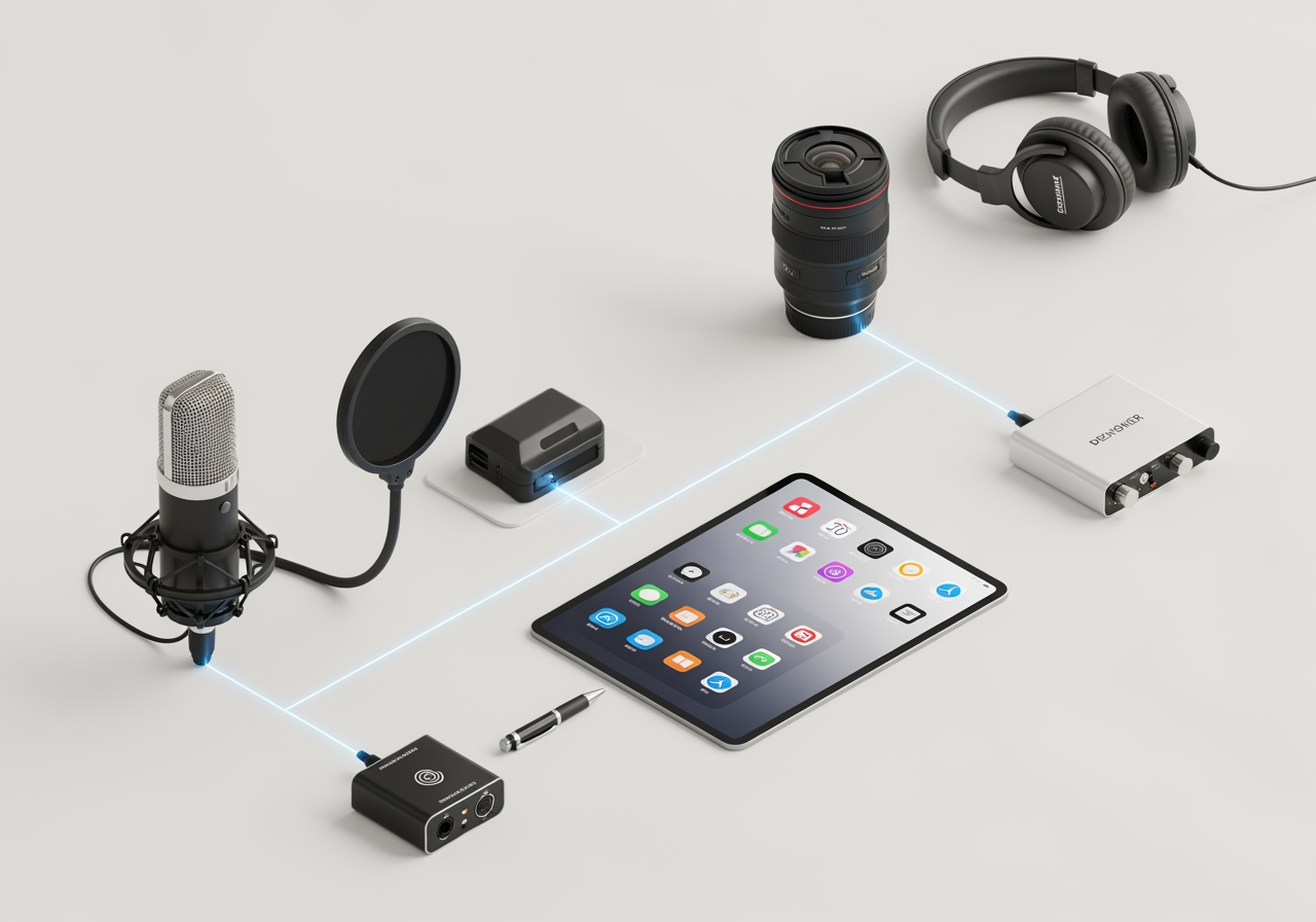 Vista isometrica di una scrivania da studio creativo con strumenti multimediali collegati che rappresentano un flusso di lavoro integrato