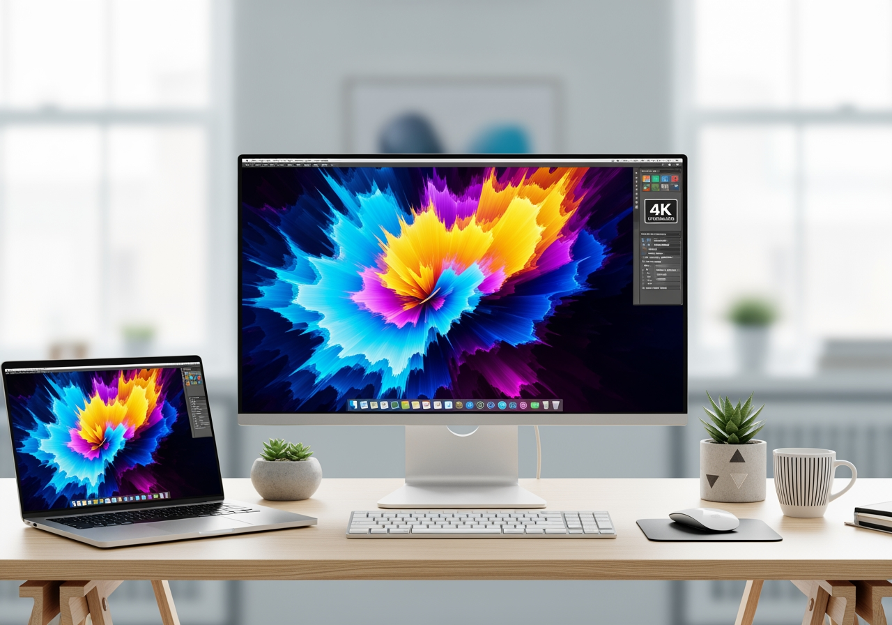 창작 워크플로우 통합을 위한 디지털 아트를 보여주는 고해상도 모니터