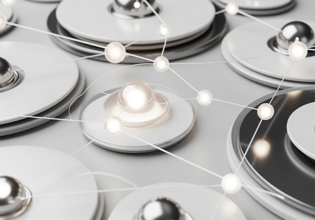 디지털 워크플로우와 공유를 상징하는 상호 연결된 빛나는 노드의 추상적 3D 구조