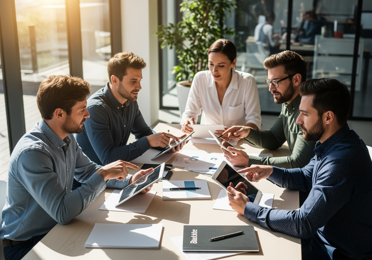 AI 생성 자산의 쉬운 공유를 나타내는, 현대적인 사무실에서 협업하는 크리에이티브 팀