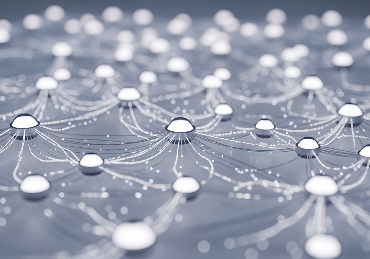 통합된 AI 번역 모델을 시각화한 추상적 디지털 네트워크