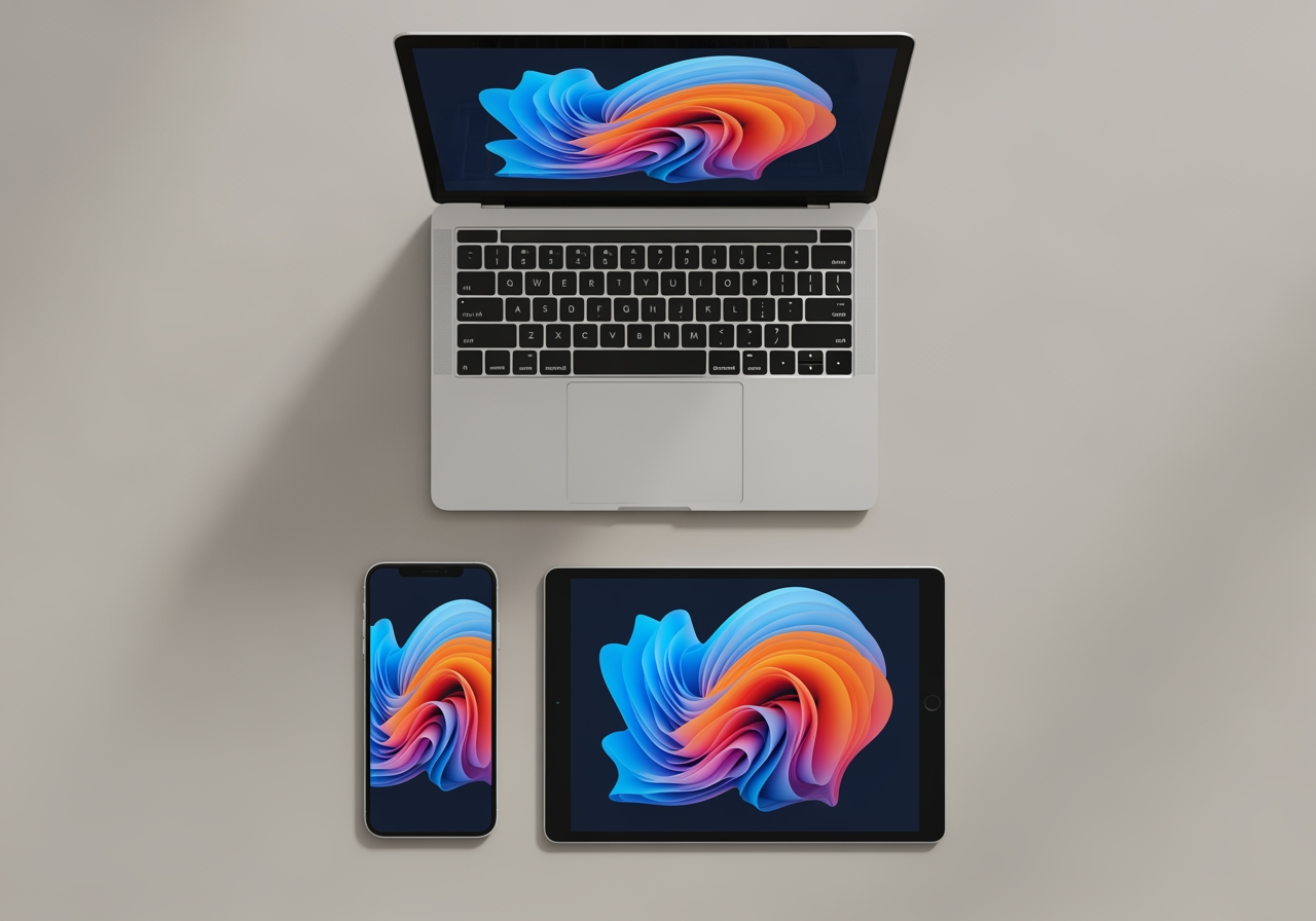 서로 다른 화면 비율에 맞춰 잘린 동일한 아트워크를 보여주는 여러 디지털 기기들