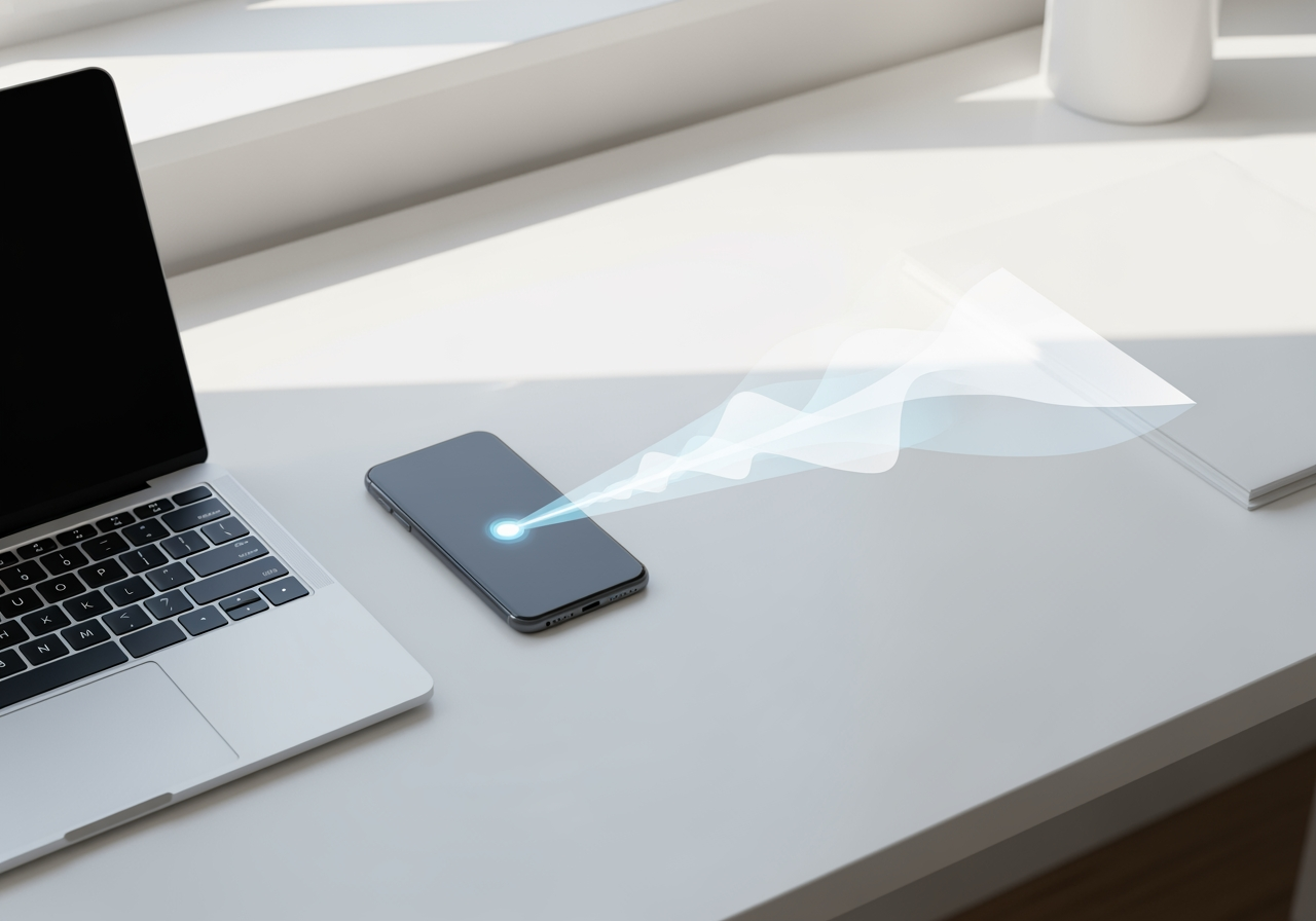 원활한 디지털 파일 공유를 상징하는 노트북과 스마트폰이 있는 현대적이고 깨끗한 작업 공간