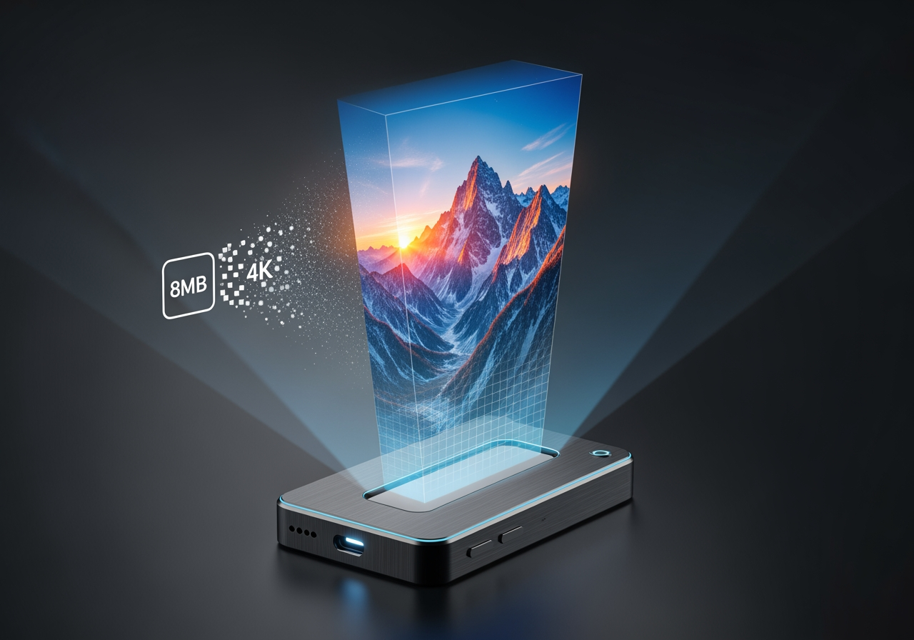 4K 업스케일링을 상징하는 대형 홀로그램 이미지를 투사하는 소형 장치