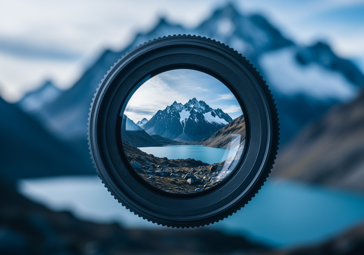 고품질을 상징하는 선명한 4K 풍경을 반사하는 깨끗한 카메라 렌즈 클로즈업