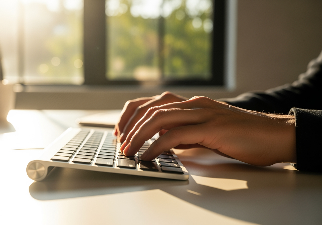 Mains tapant sur un clavier dans un espace de travail moderne représentant un flux de travail IA facile