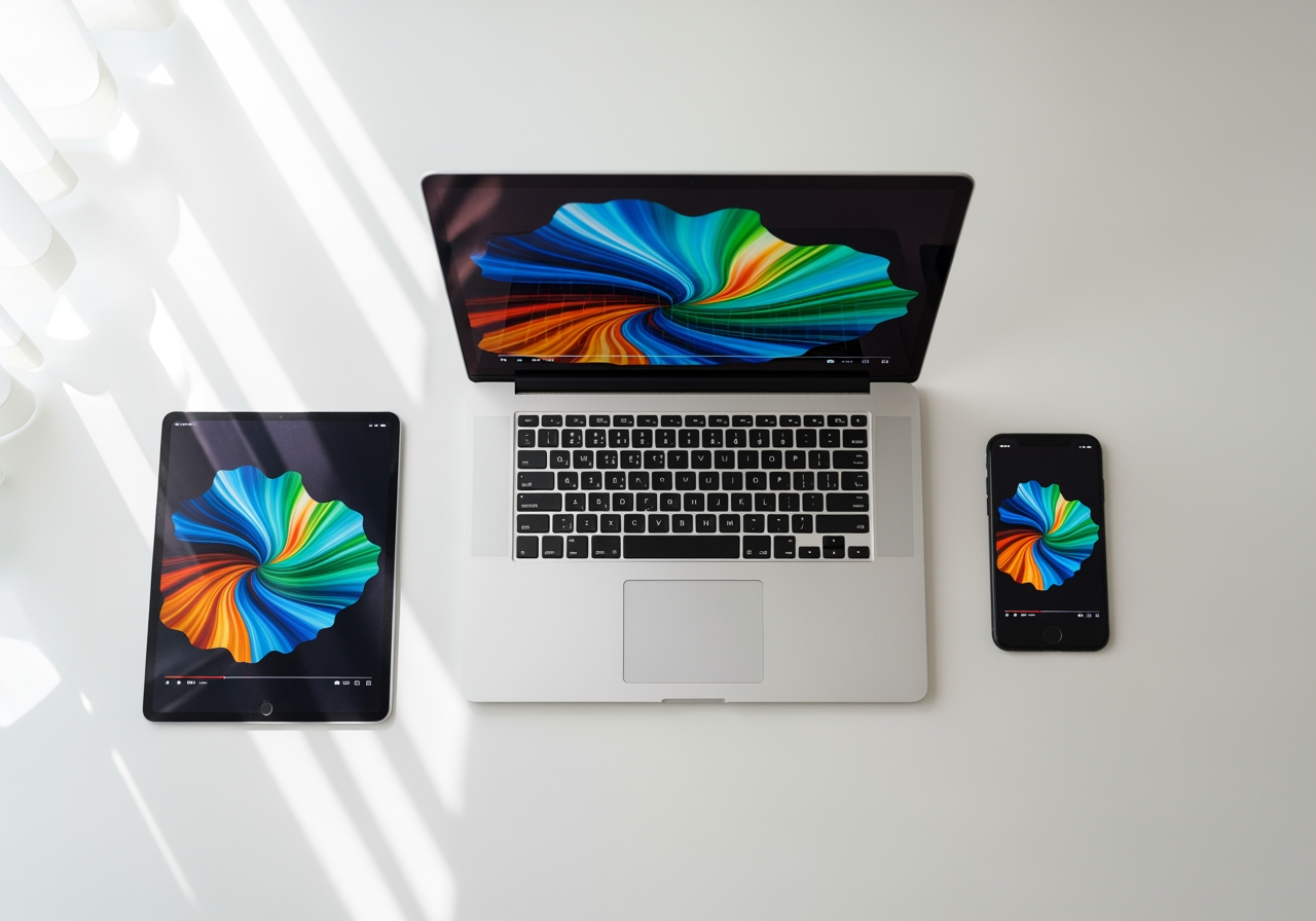 호환되는 고화질 비디오 재생을 보여주는 노트북과 휴대폰을 포함한 여러 기기들