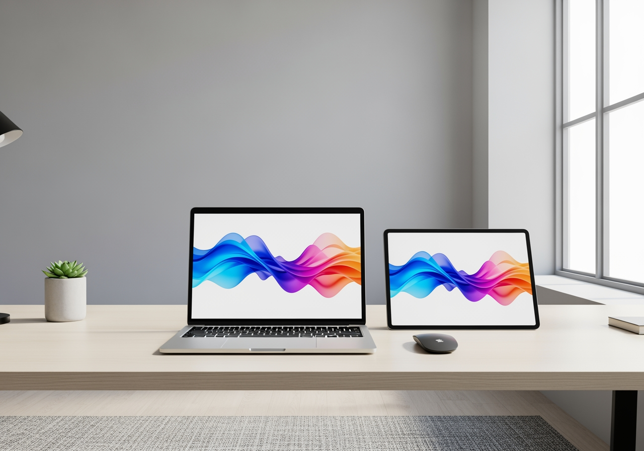 협업을 위해 동기화된 추상적인 파형을 화면에 띄운 기기들이 있는 현대적인 작업 공간