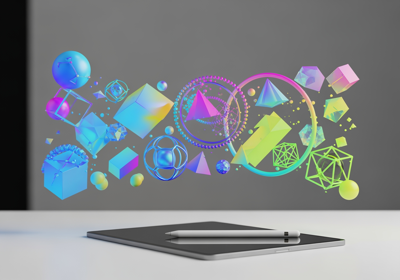 다양한 AI 모델을 나타내는 떠다니는 홀로그램 도형들이 있는 창의적인 작업 공간