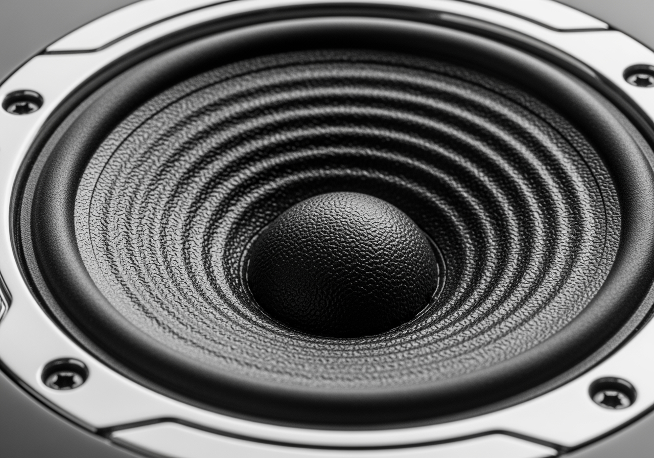 고품질 오디오를 상징하는 하이엔드 스피커 질감의 매크로 샷