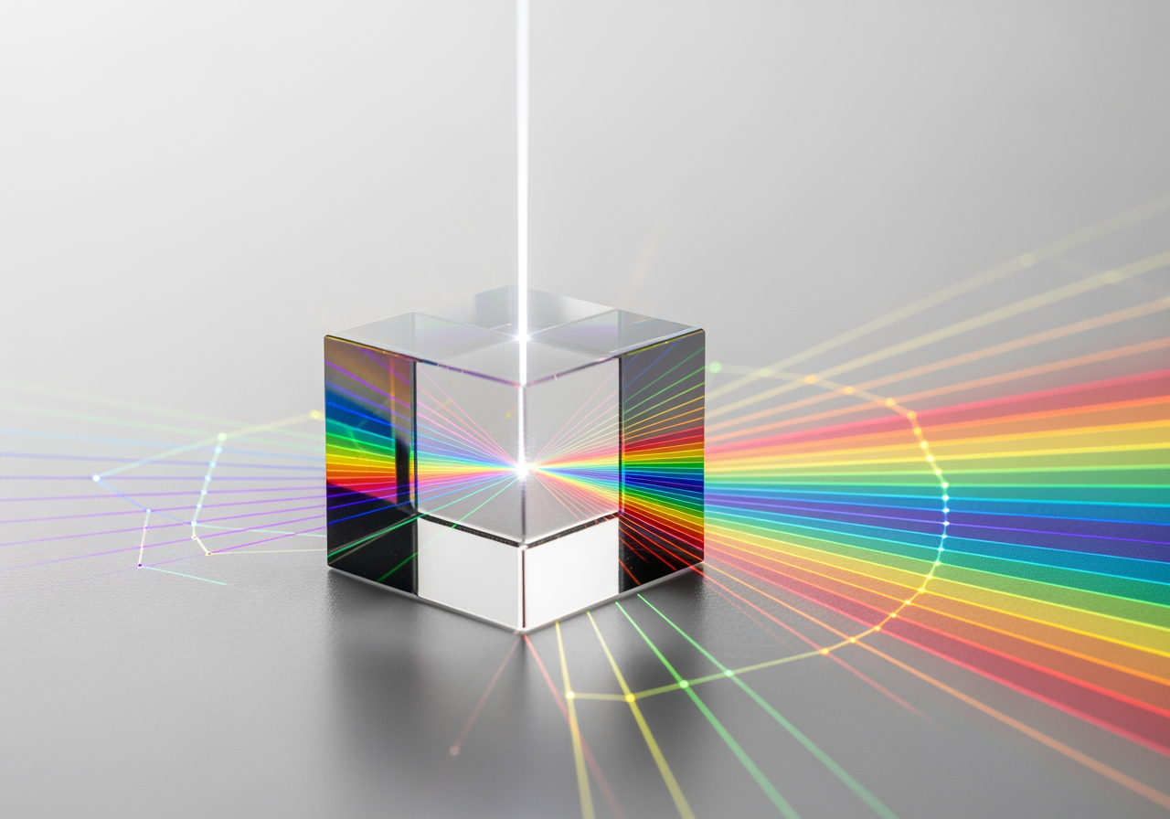 AI 기술을 상징하는 고화질 색상으로 빛을 굴절시키는 유리 프리즘