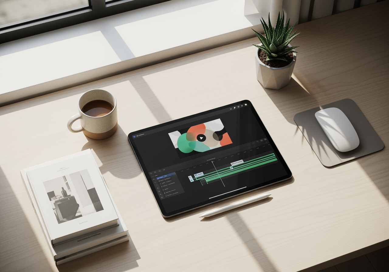 태블릿에 비디오 편집 타임라인이 표시된 미니멀한 크리에이티브 작업 공간