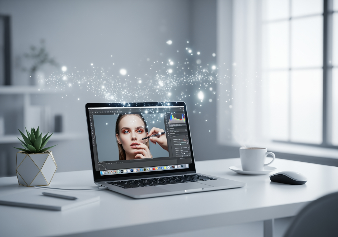 AI 사진 처리 및 대화형 보정 워크플로우를 보여주는 미니멀한 작업 공간