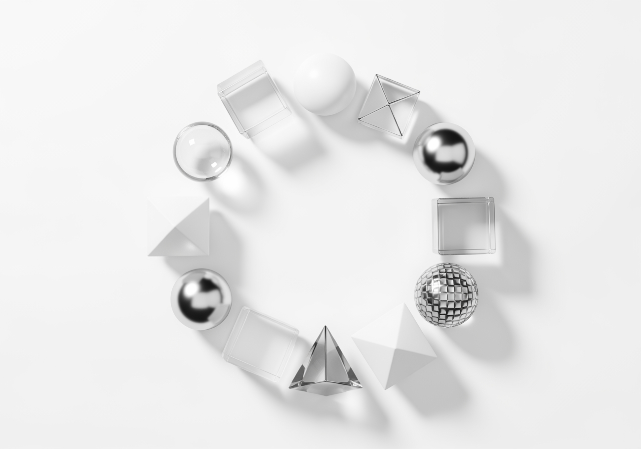 Forme geometriche astratte che fluttuano in armonia rappresentando un ecosistema integrato di strumenti IA