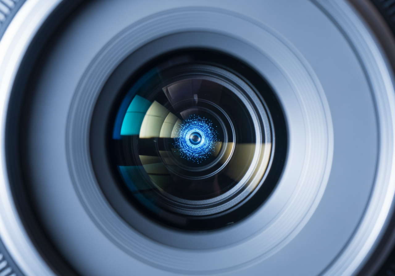 Reflejo de lente de cámara mostrando calidad de alta resolución 4K cristalina