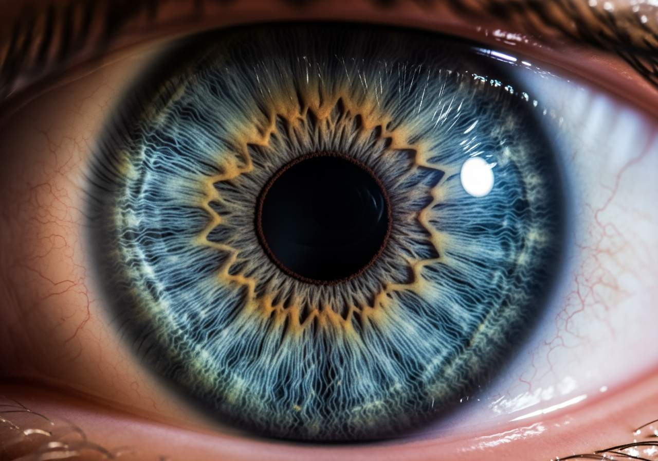 4K 업스케일링 기술을 나타내는 극한의 디테일과 선명함을 보여주는 눈의 매크로 촬영