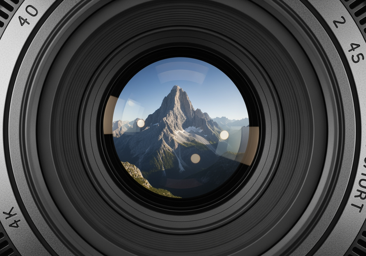 선명한 풍경을 반사하는 카메라 렌즈의 클로즈업