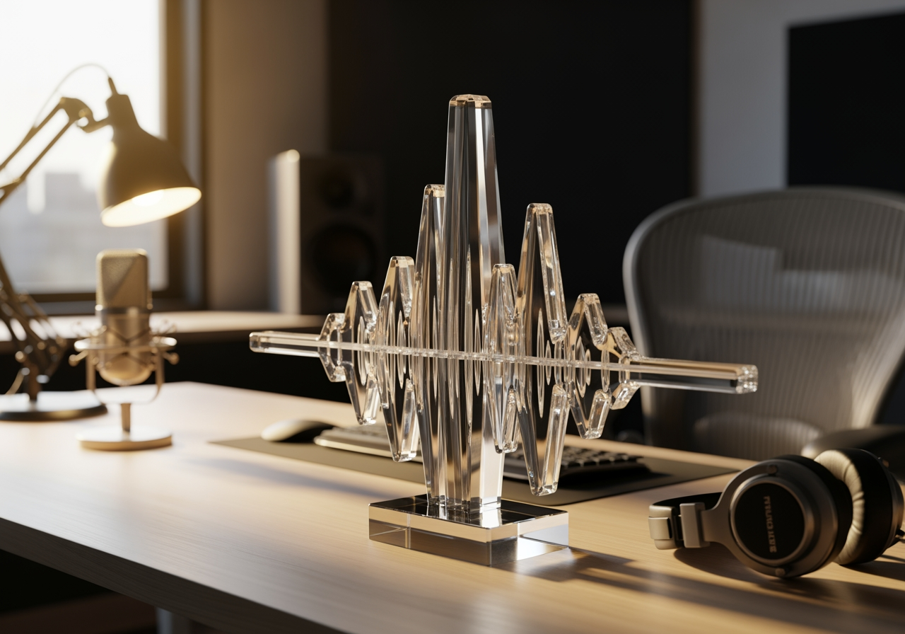 고음질 오디오를 상징하는 현대적인 스튜디오 책상 위의 크리스탈 사운드 웨이브 조각