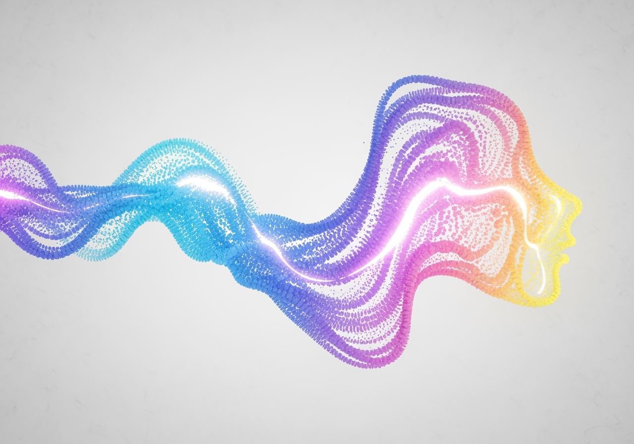 AI의 창의성을 나타내는 유기적인 형태로 변화하는 흐르는 다채로운 입자들